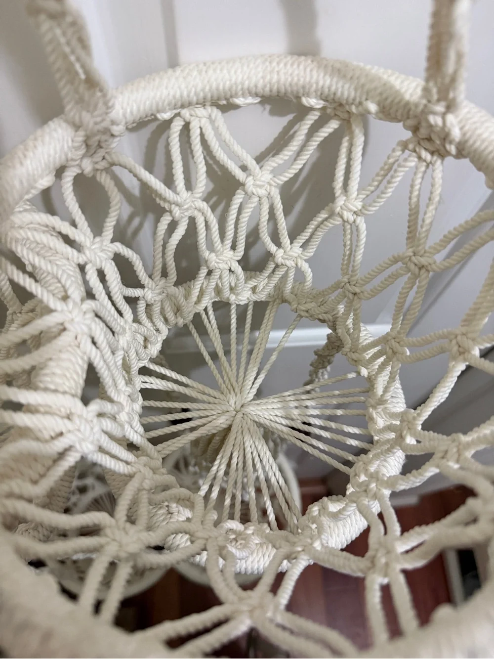 2 Vtg Macramé Hanging Planters 2 tier Pot Holders Cream Rope/Wood Beads, Tassels